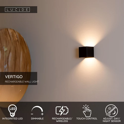 Lucide VERTIGO - Rechargeable Wall light Indoor/Outdoor - Battery pack - LED Dim. - 1x6W 2700K - IP54 - Motion Sensor - Magnetic - Black - USP